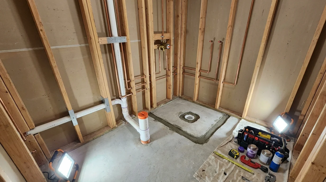 Bathroom rough-in plumbing during remodel by Johns Plumbing LLC in Lovington