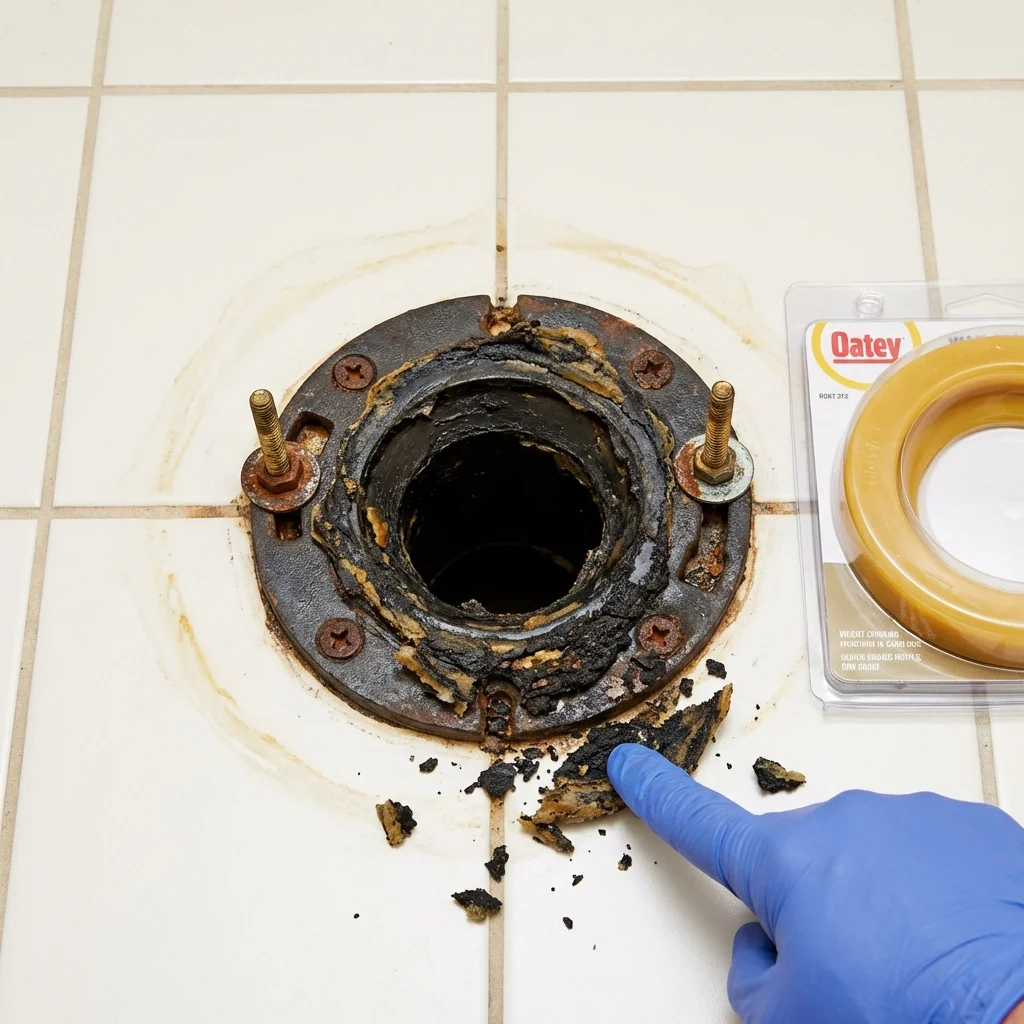 Failed wax ring showing water seepage at the base of a toilet in a Lovington, IL home