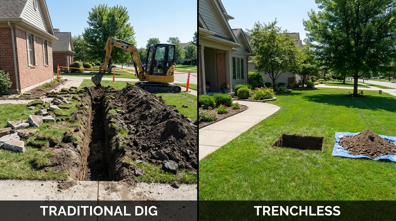 Trenchless sewer repair with minimal yard damage versus traditional excavation in Lovington, IL