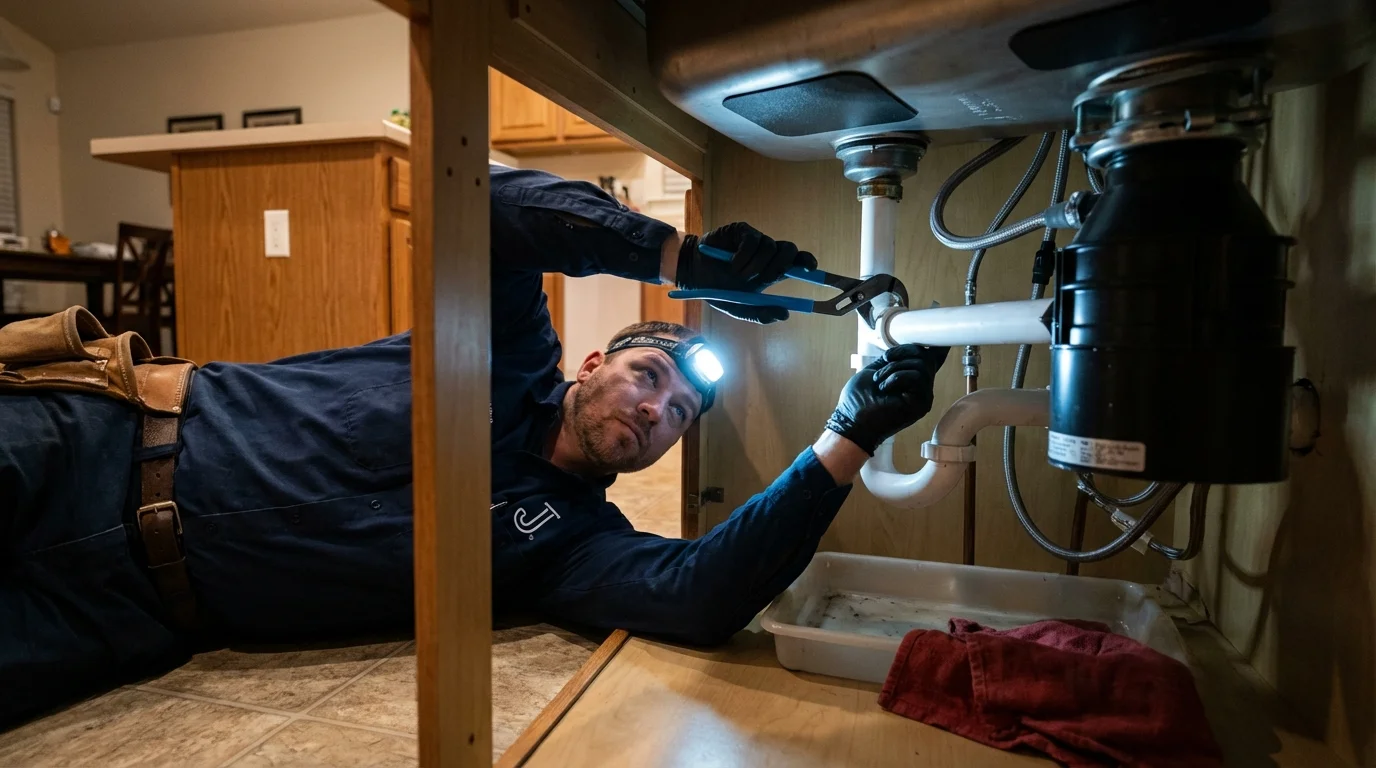 P-trap and supply line connections under a kitchen sink showing a common leak point in Lovington, IL